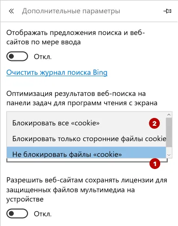 Отключение кукис cookies в Microsoft Edge
