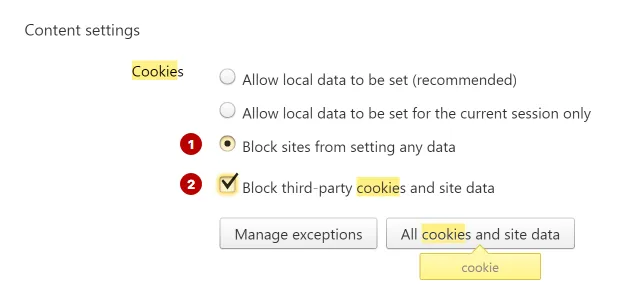 Disabling cookies in Yandex Browser