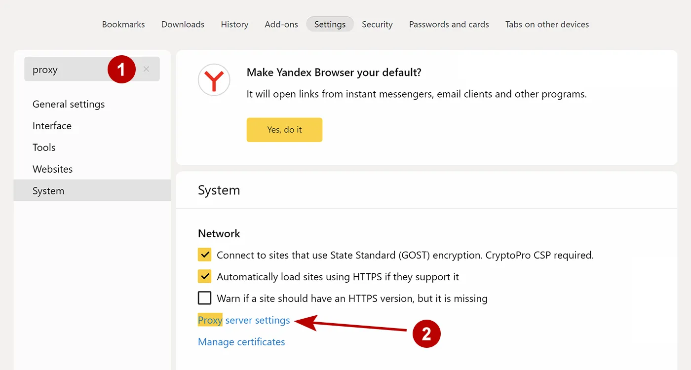 HTTP and Socks proxy settings in Yandex Browser on Windows