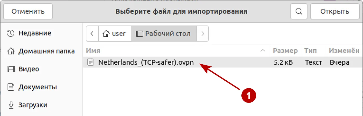Выберите файл OpenVPN в Ubuntu 21